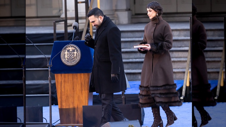 Rama Duwaji walking behind Zohran Mamdani on his inauguration day