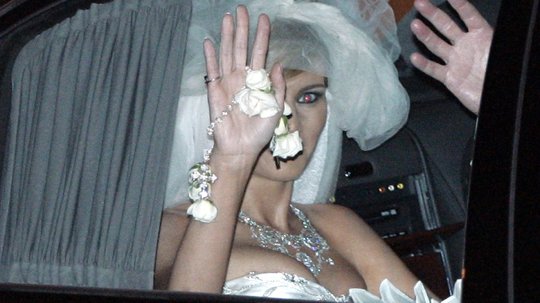 Melania Trump waves to guests at her wedding; Hillary Clinton smiles on her wedding day