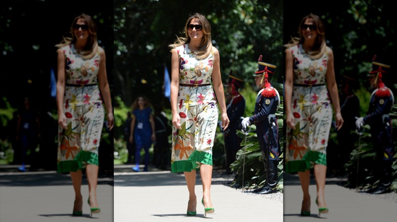 Melania Trump in a colorful floral dress in Argentina