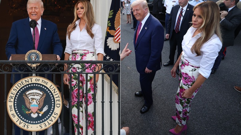 Melania Trump wearing floral pants and a white shirt with Donald Trump