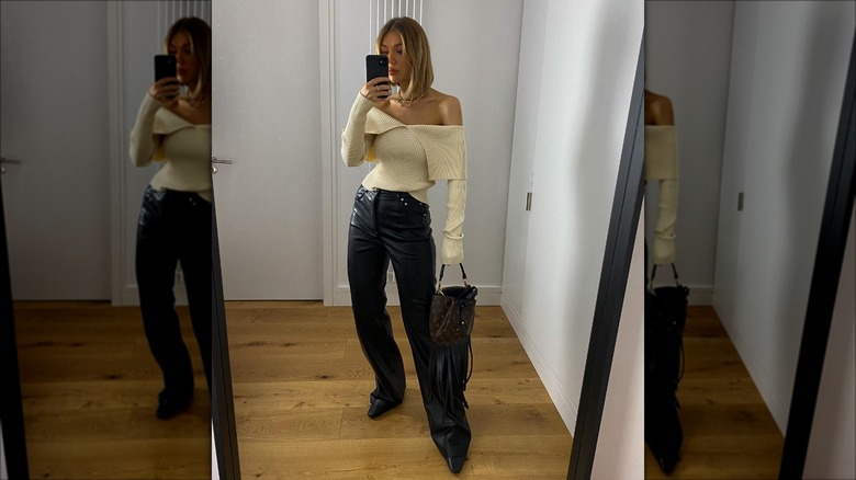 draped off the shoulder sweater