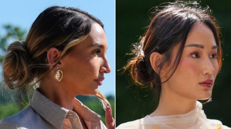 Two women wearing low buns