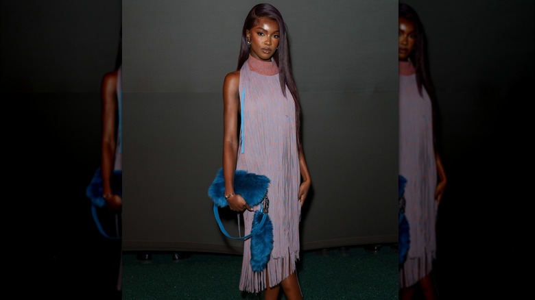 Blue fur purse lavender dress