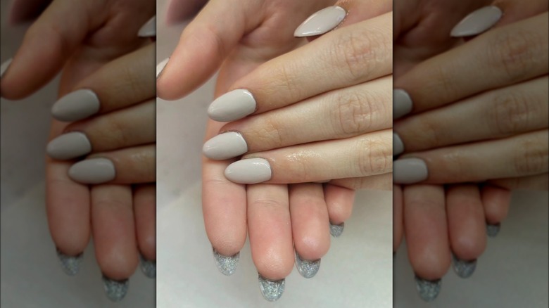neutral and silver glitter nails