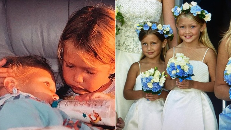 Side-by-side image of Bella and Gigi Hadid as small children
