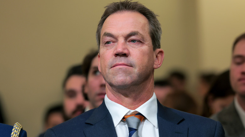 A closeup of Bryon Noem at Kristi Noem's hearing