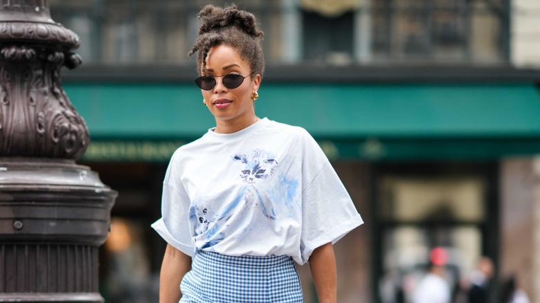 Woman wears digital print 