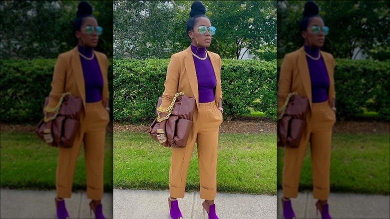 Woman wearing purple and orange