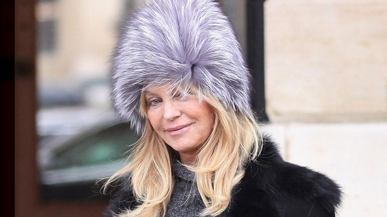 Goldie Hawn posing outside with a purplish-gray fur hat and black fur coat.