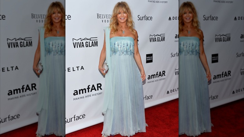 Goldie Hawn posing at a red carpet event in 2013 wearing a light blue dress.