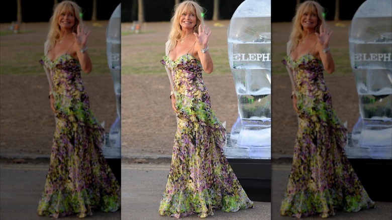 Goldie Hawn waving outside wearing a colorful flowing dress.