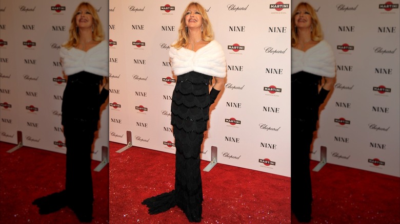 Goldie Hawn posing at a red carpet event in 2009 wearing a black formal gown with a white fur stole.