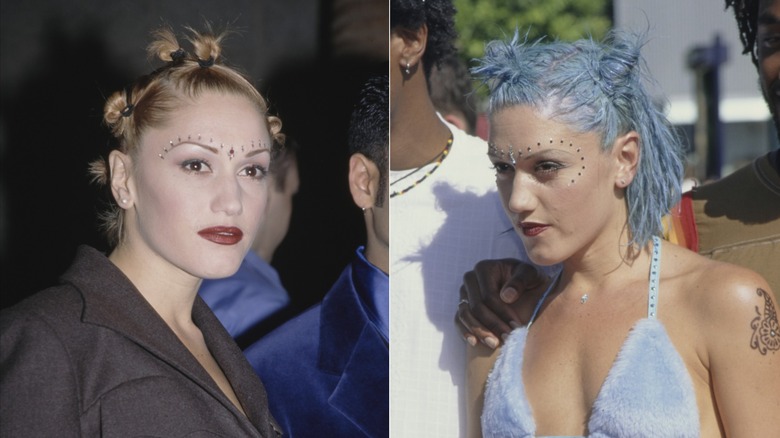 Gwen Stefani wearing bantu knots and having blue hair in the late 1990s.