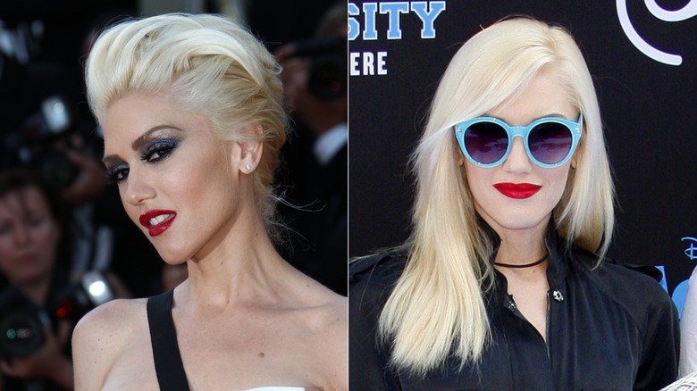 Gwen Stefani with icy blond hair in 2011 and 2013.