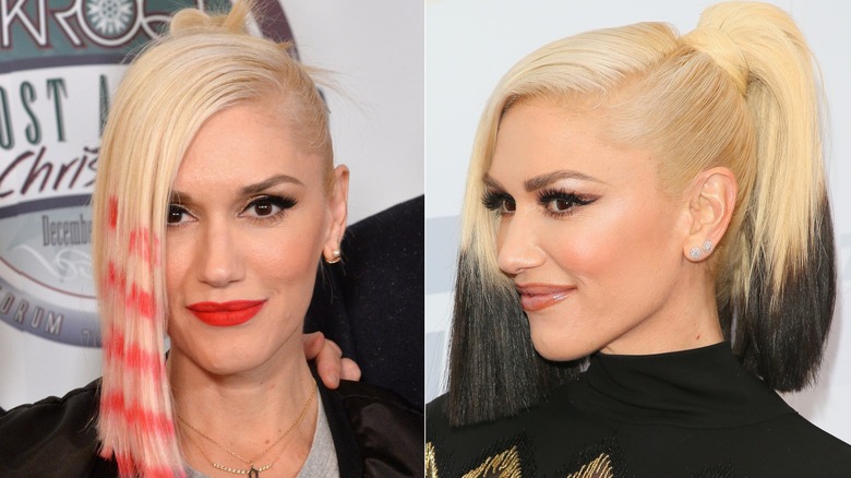 Gwen Stefani with colored hair tips in 2014 and 2016.