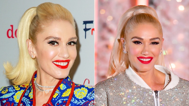 Gwen Stefani wearing ponytails in 2017 and 2019.
