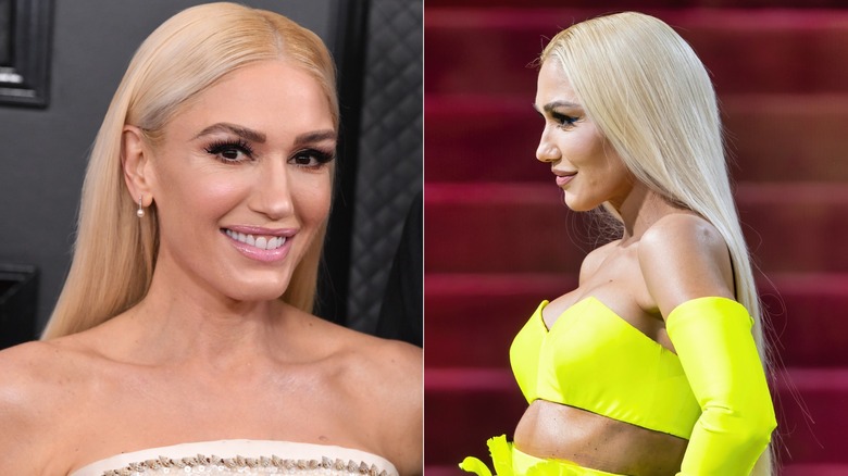 Gwen Stefani with long blond hair in 2020 and 2022.