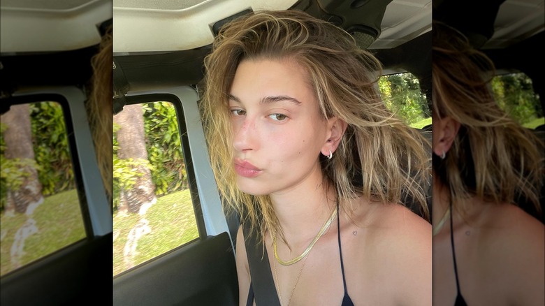 Hailey Bieber traveling without makeup