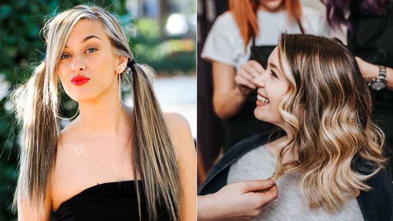 A woman with chunky highlights and a woman with a sun-kissed scandi hairline posing for the camera.