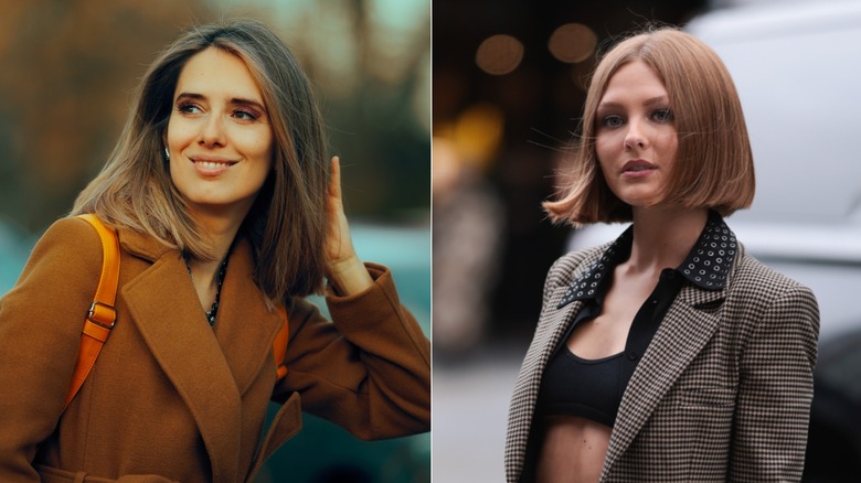 Two women with different bob hairstyles in the wind.