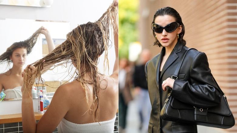 A woman who just washed her hair and a woman with a wet hair style being photographed.