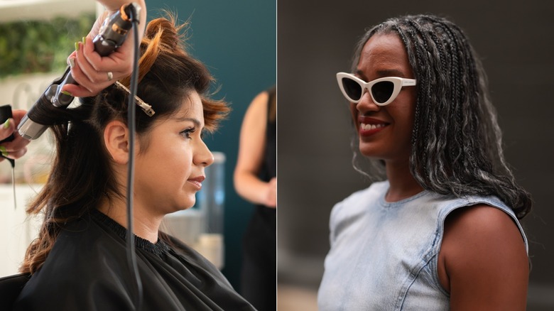 Two women rocking completely different hairstyles.