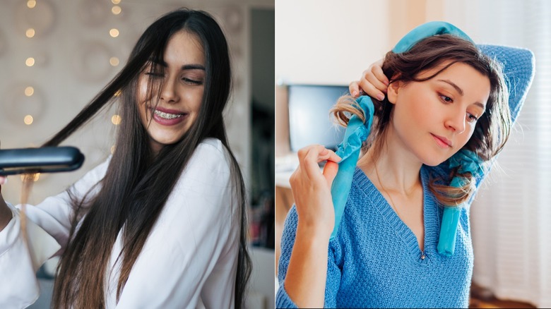 Two women styling their hair at home.