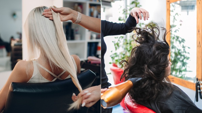 Two women getting their hair done at the salon.