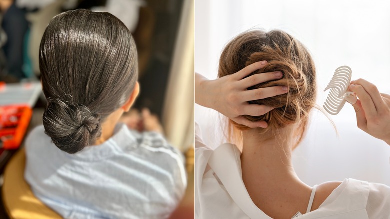 Two women showing off their different updo hairstyles.