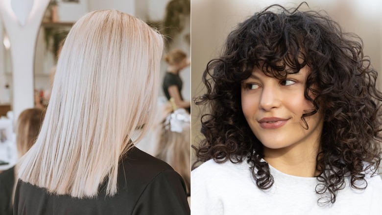 A side-by-side of a woman with straight platinum blond hair and a woman with natural-looking curls
