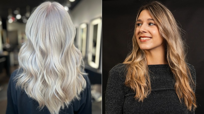 A side-by-side of platinum blond hair and a more natural blond hair