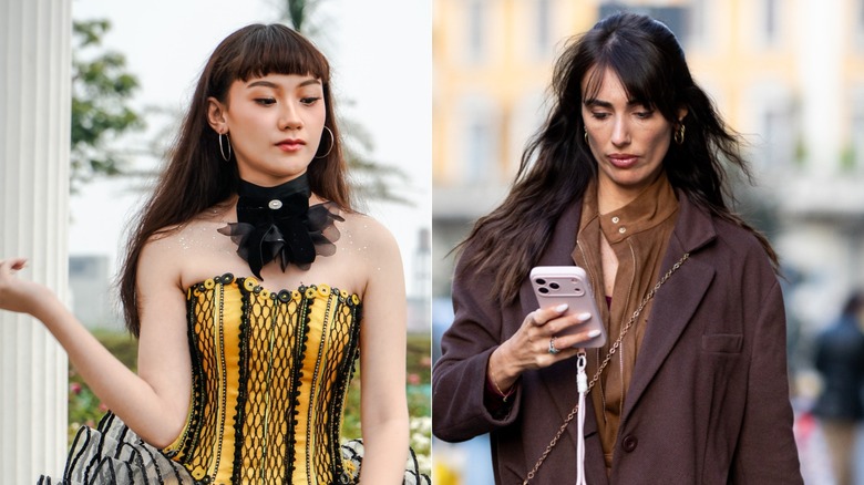 A side-by-side of a woman with micro bangs and a woman with curtain bangs