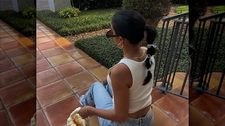 Bubble braid ponytail with ribbons