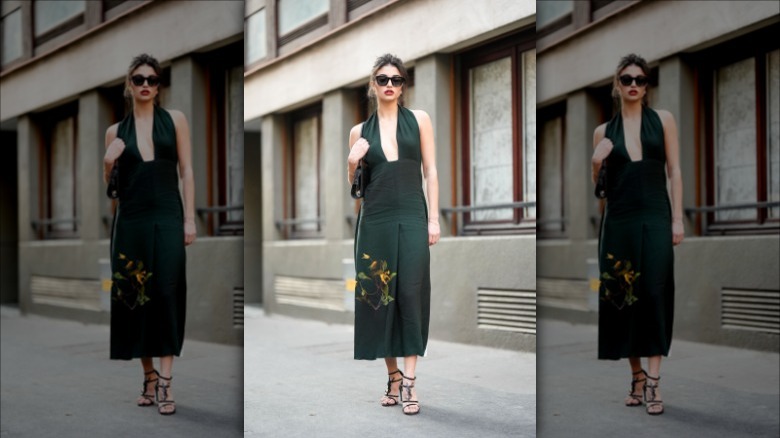 woman wearing halter dress with plunging neckline