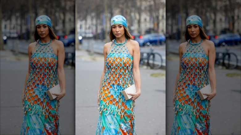 woman wearing crochet halter dress