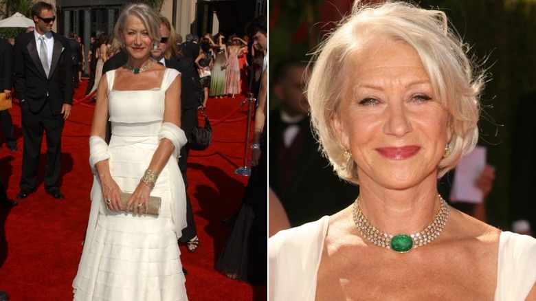 Helen Mirren poses at the 2006 Emmys in a white dress and emerald necklace