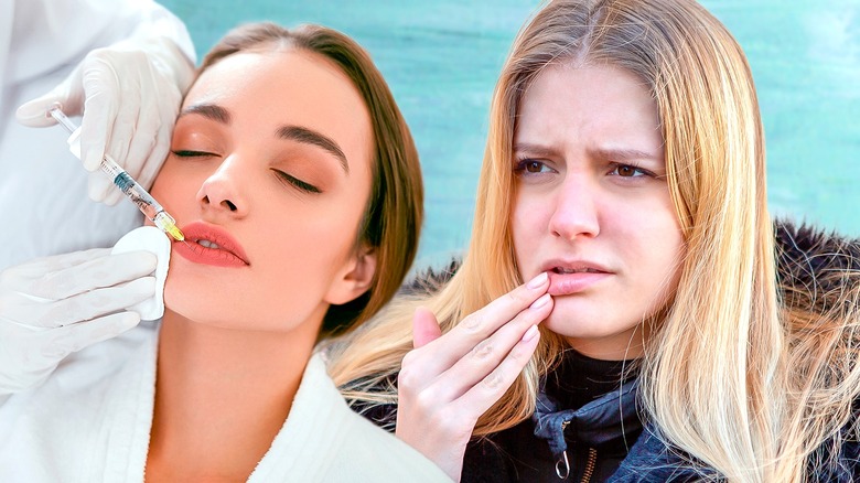 woman getting lip filler holding lips