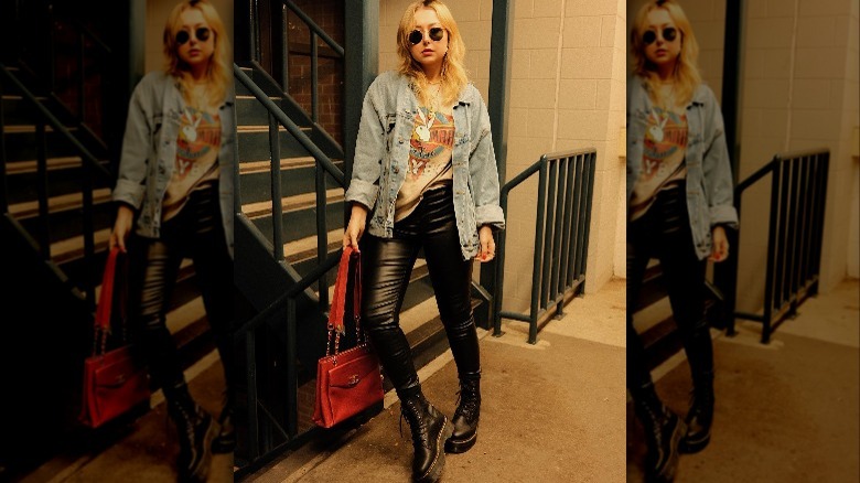 band tee black leather pants