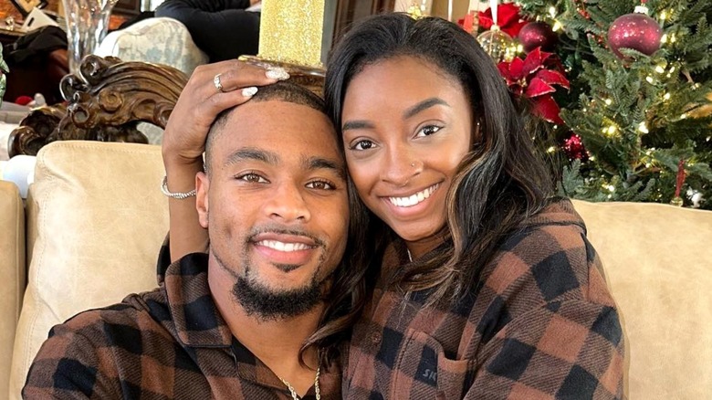 Simone Biles and Jonathan Owens in pajamas