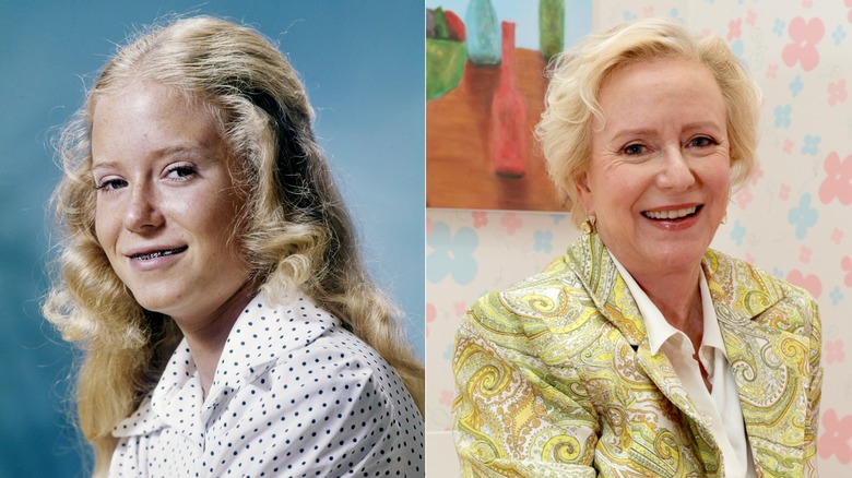 Side-by-side photos of Eve Plumb as a child in a polka-dot shirt as a child on the left and an adult in a paisley blazer on the right.
