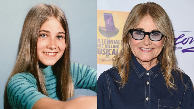 Side-by-side photos of Maureen McCormick as a child in a striped shirt on the left and as an adult in a denim shirt and sunglasses on the right.