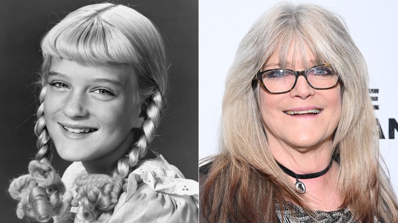 Side-by-side photos of Susan Olsen as a child with pigtail braids on the left and an adult with glasses and a choker necklace on the right.