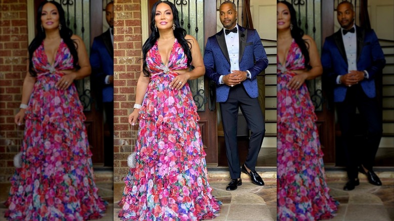Egypt Sherrod wearing a pink floral dress beside her husband Mike Jackson