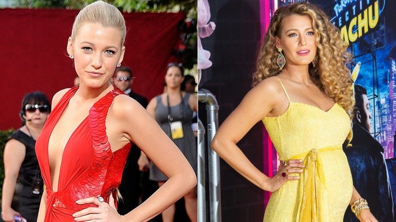 Blake Lively wearing a red dress in 2009 and wearing a yellow dress in 2019