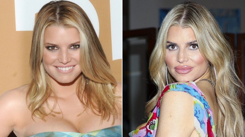 Jessica Simpson posing with long, blond hair in 2010 and 2025