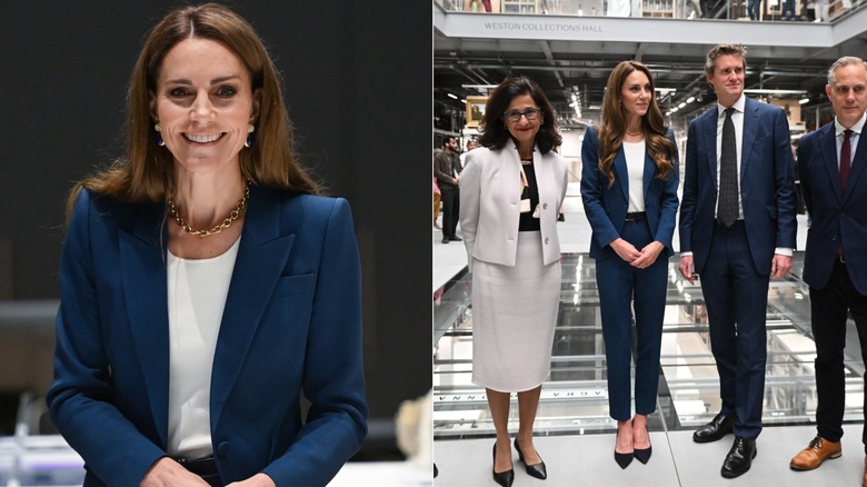 Kate Middleton walking in an open pinstripe suit