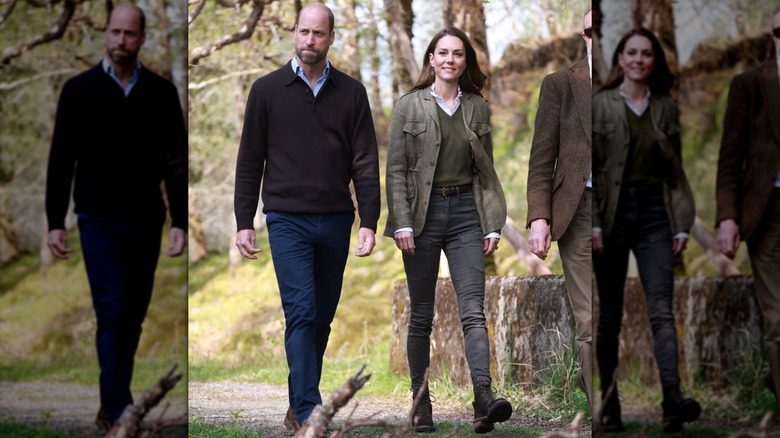 Kate Middleton in skinny jeans, sweater, and blazer while walking with Prince William