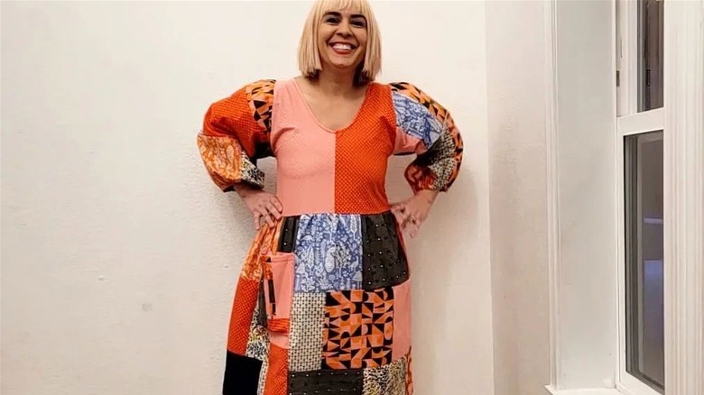 woman in patchwork dress