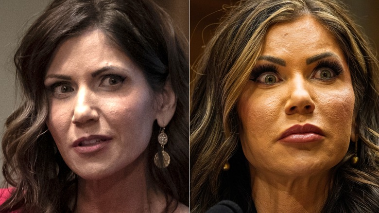 Side-by-side closeups of Kristi Noem in 2019 and 2025.