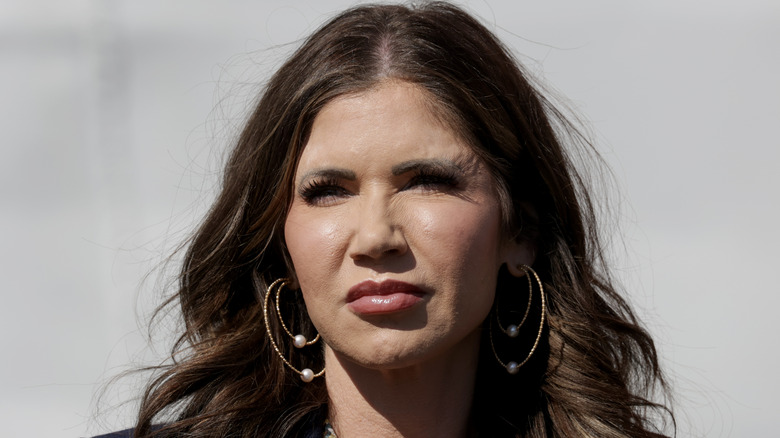 Closeup of Kristi Noem at a 2025 press conference.